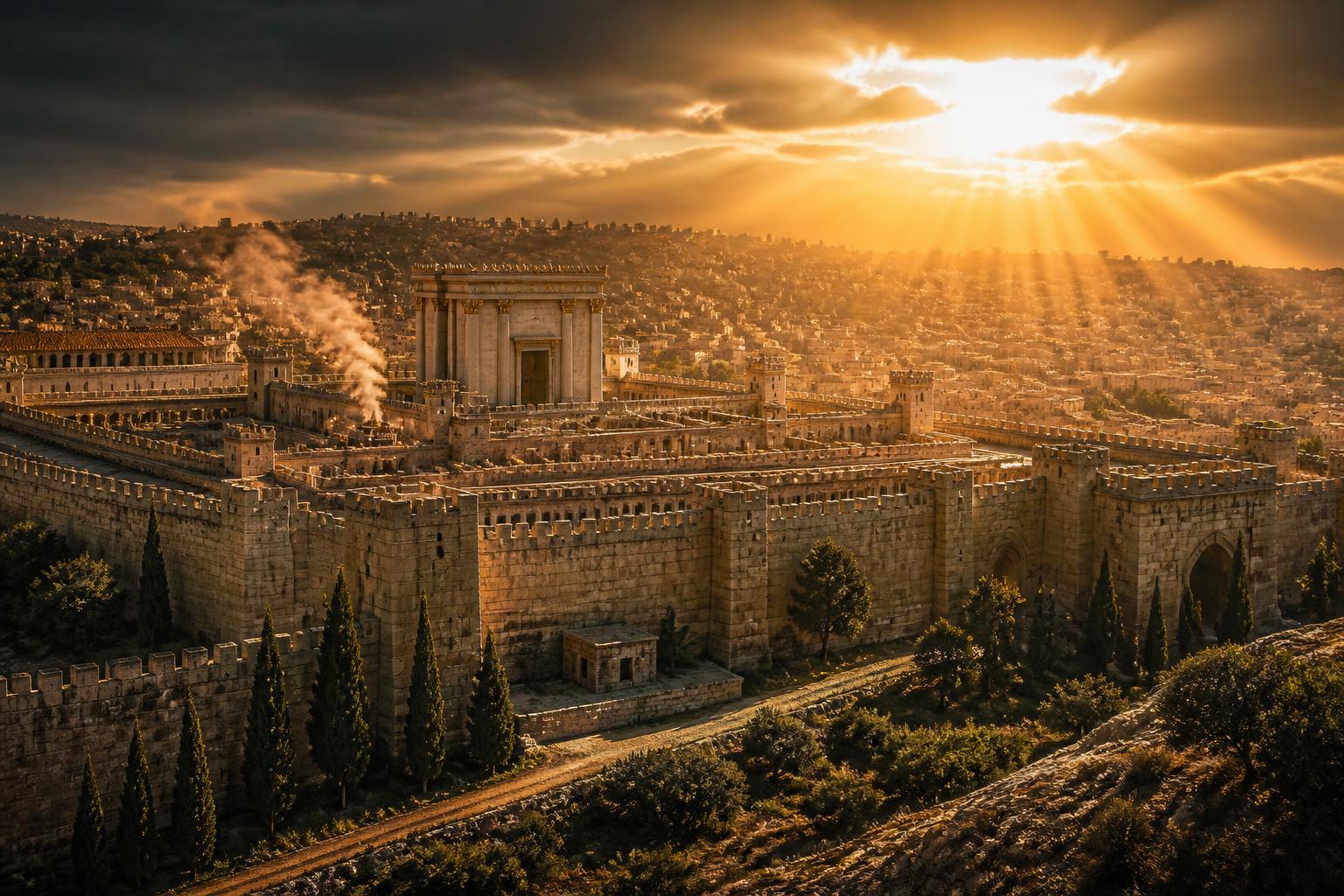 Jerusalém antiga ao amanhecer com raios de luz divina